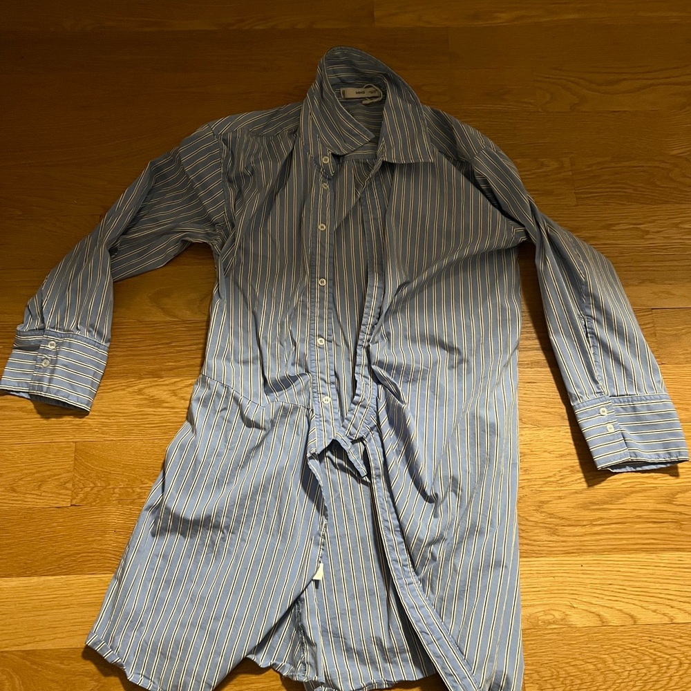 Blue Striped Button-Up Wrap Dress